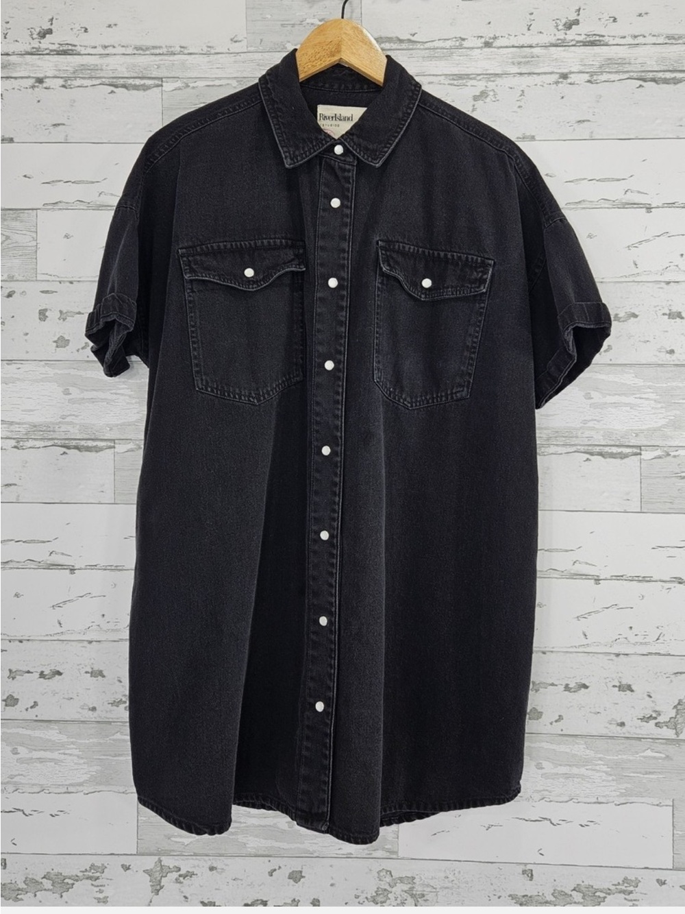 River Island Black Short-Sleeve Denim Button-down Shirt mini dress